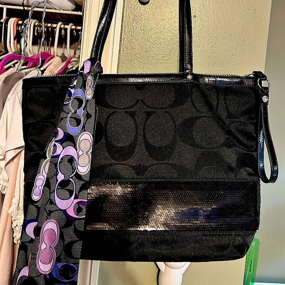 Vintage Coach Signature Sequin Stripe Tote with Scarf